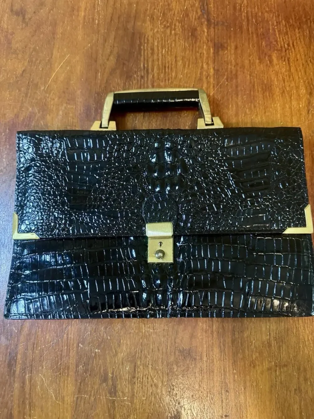 Vintage Black Faux Alligator Embossed Portfolio Handbag Briefcase Gold Tone